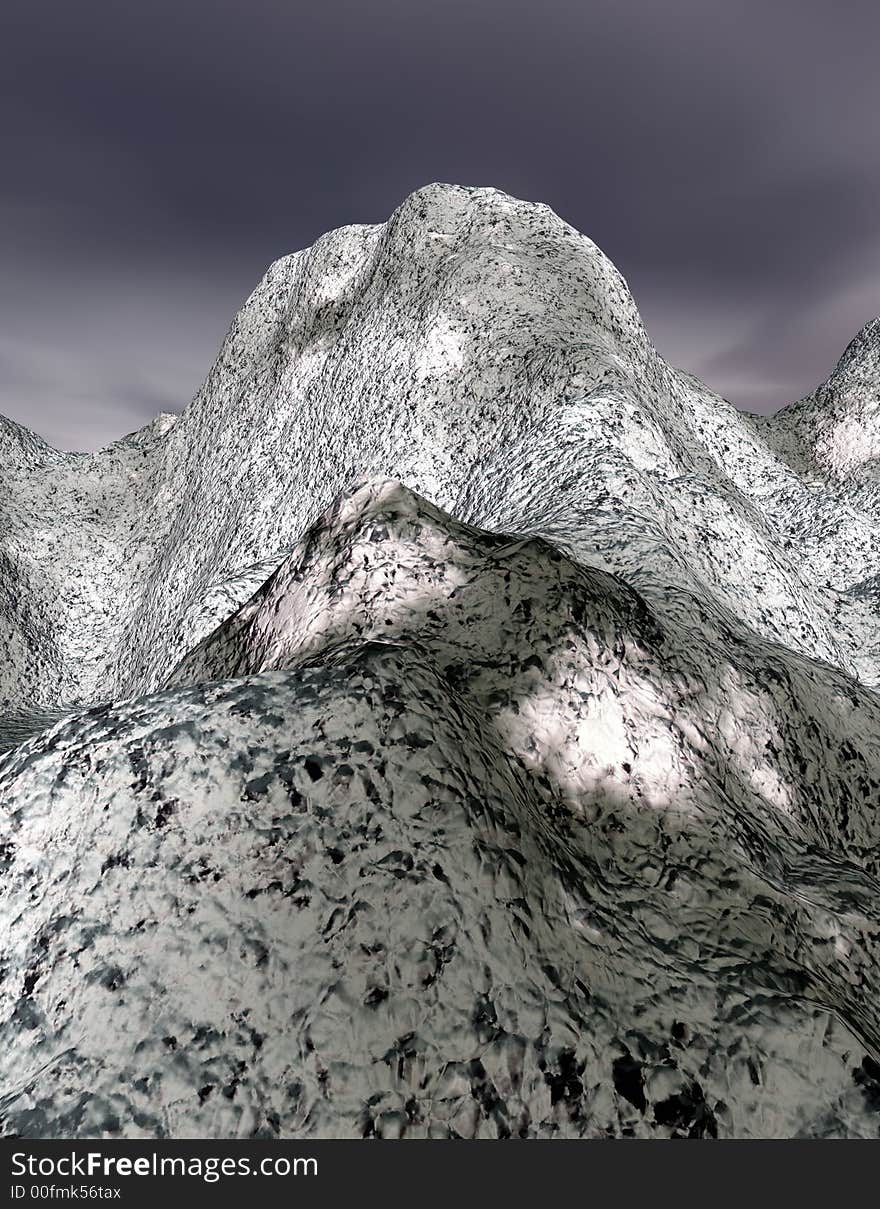 3d rendered image of snowy mountain peaks after a winter storm with gray sky. 3d rendered image of snowy mountain peaks after a winter storm with gray sky