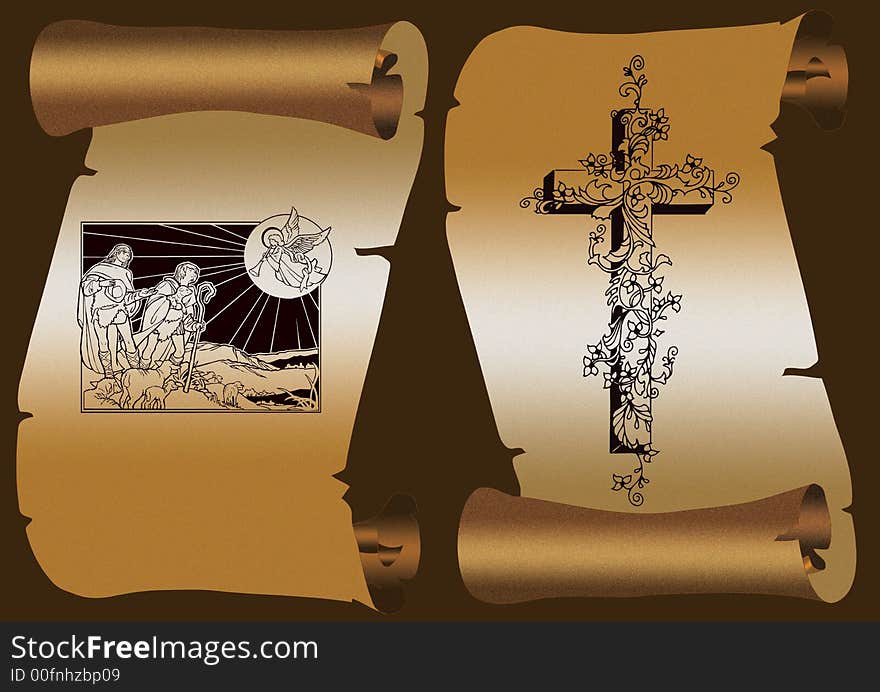 Old paper scroll on dark background. With cross and Jesus Christ . Old paper scroll on dark background. With cross and Jesus Christ