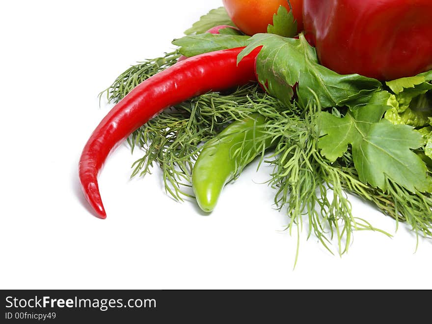 Pepper, fennel and parsley isolated on white. Pepper, fennel and parsley isolated on white