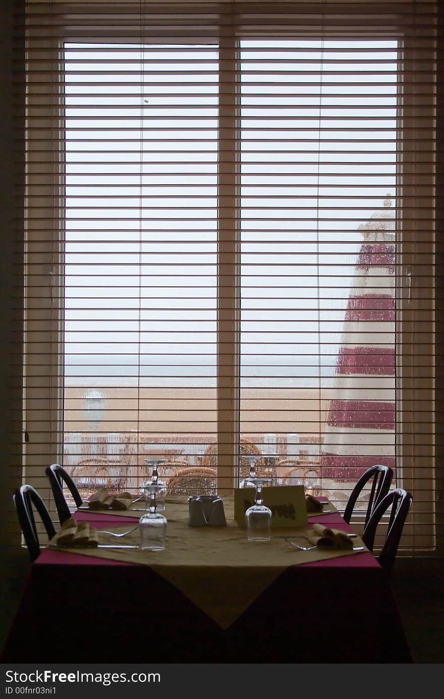 Restaurant window on a rainy day