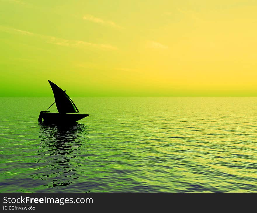 Small boat and  sunset  sky - 3d landscape scene .