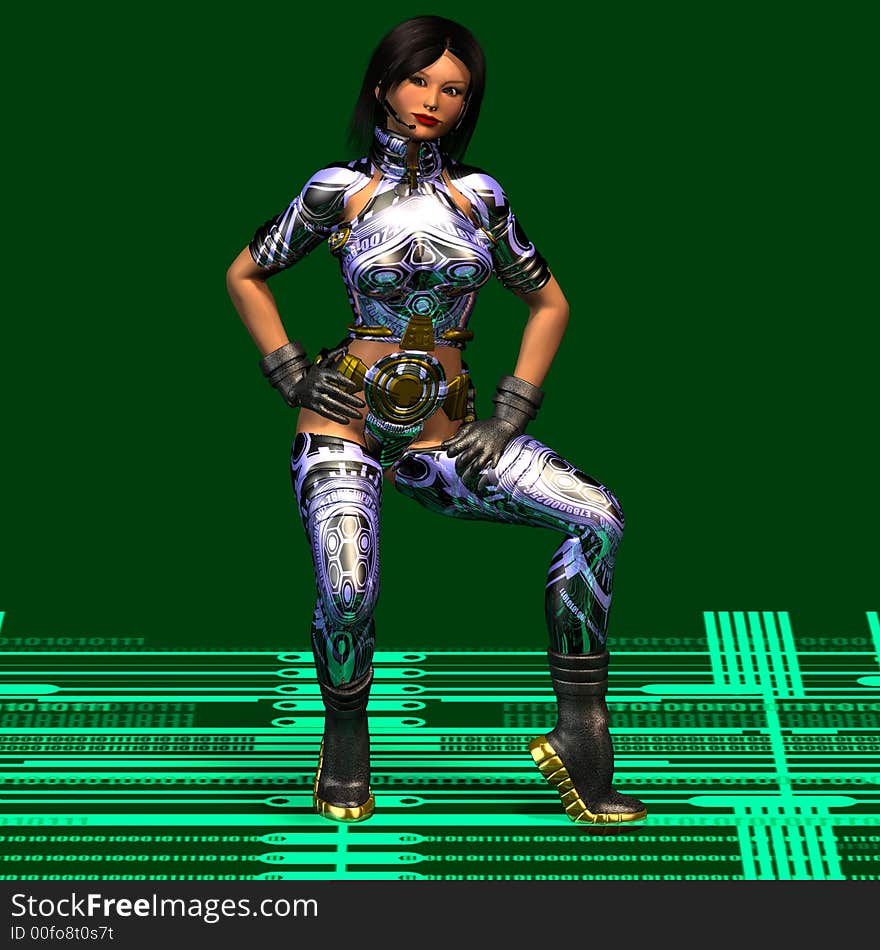 Cool woman in futuristic clothing waits on your use. She stands on a modern cyber marking. Cool woman in futuristic clothing waits on your use. She stands on a modern cyber marking