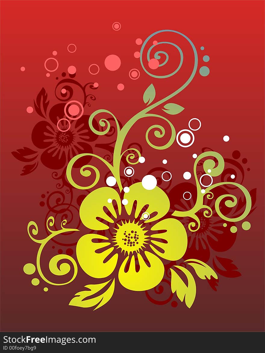 The green-dark blue stylized flower on a red background. The green-dark blue stylized flower on a red background.