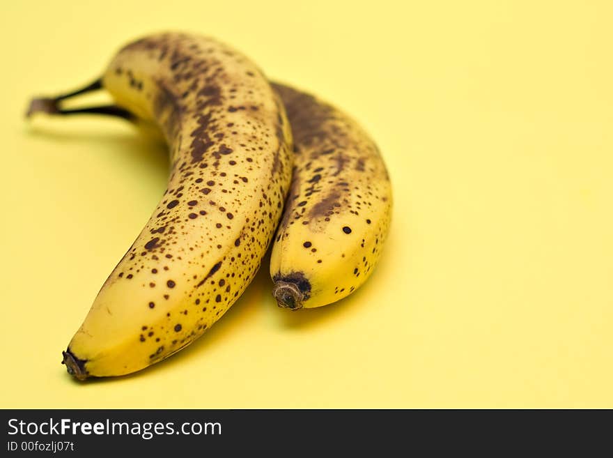 Two over ripe bananas - just right for baking. Shallow depth of field