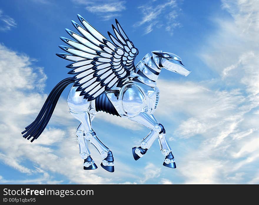 3d render of a chrome Pegasus, in the sky. Sky is one of my digital photos. 3d render of a chrome Pegasus, in the sky. Sky is one of my digital photos.