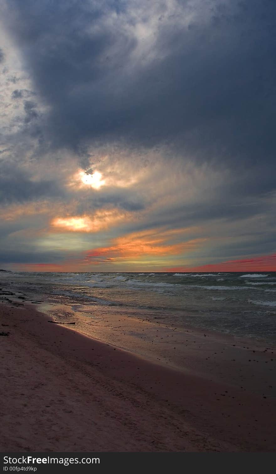 Red orange sunset Baltic Sea in Poland