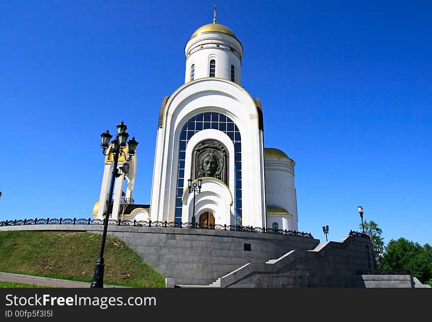 Front view on white church of saint George in Moscow. Front view on white church of saint George in Moscow