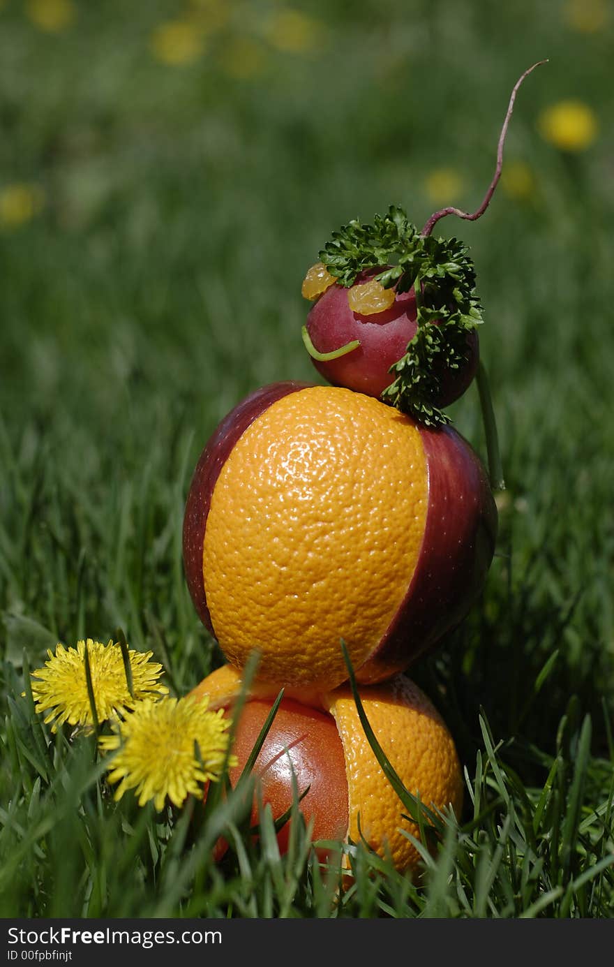 Snowman, created from fruits and vegetables. Snowman, created from fruits and vegetables