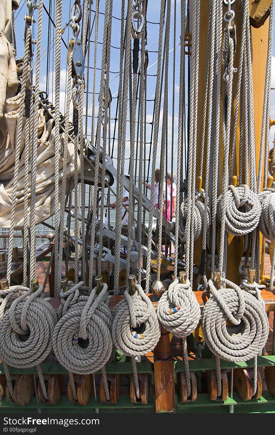 Complex ropes and rigging of tall sailing ship