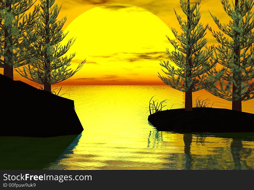 3D-render of lake and sunset silhouett