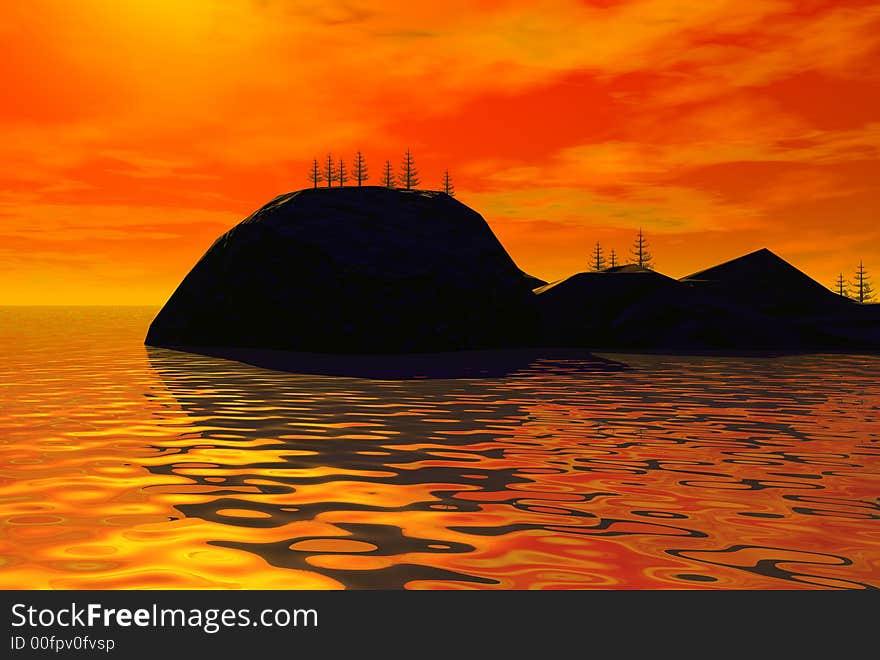 3D-render of ocean and sunset silhouett