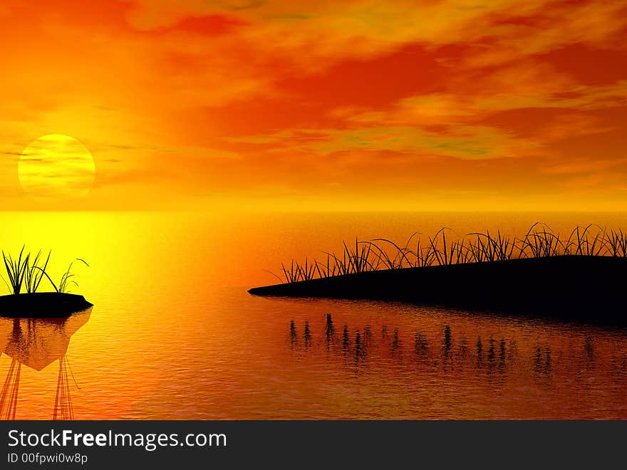 3D-render of ocean and sunset silhouett