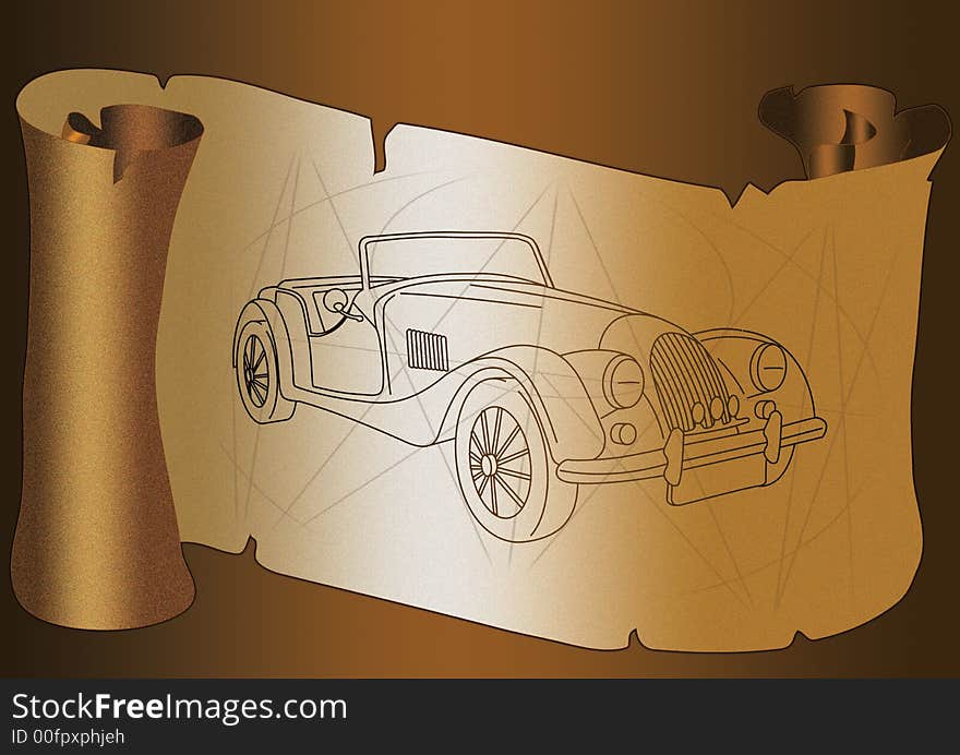 Old paper scroll on dark background. With Antique Car illustration. Old paper scroll on dark background. With Antique Car illustration