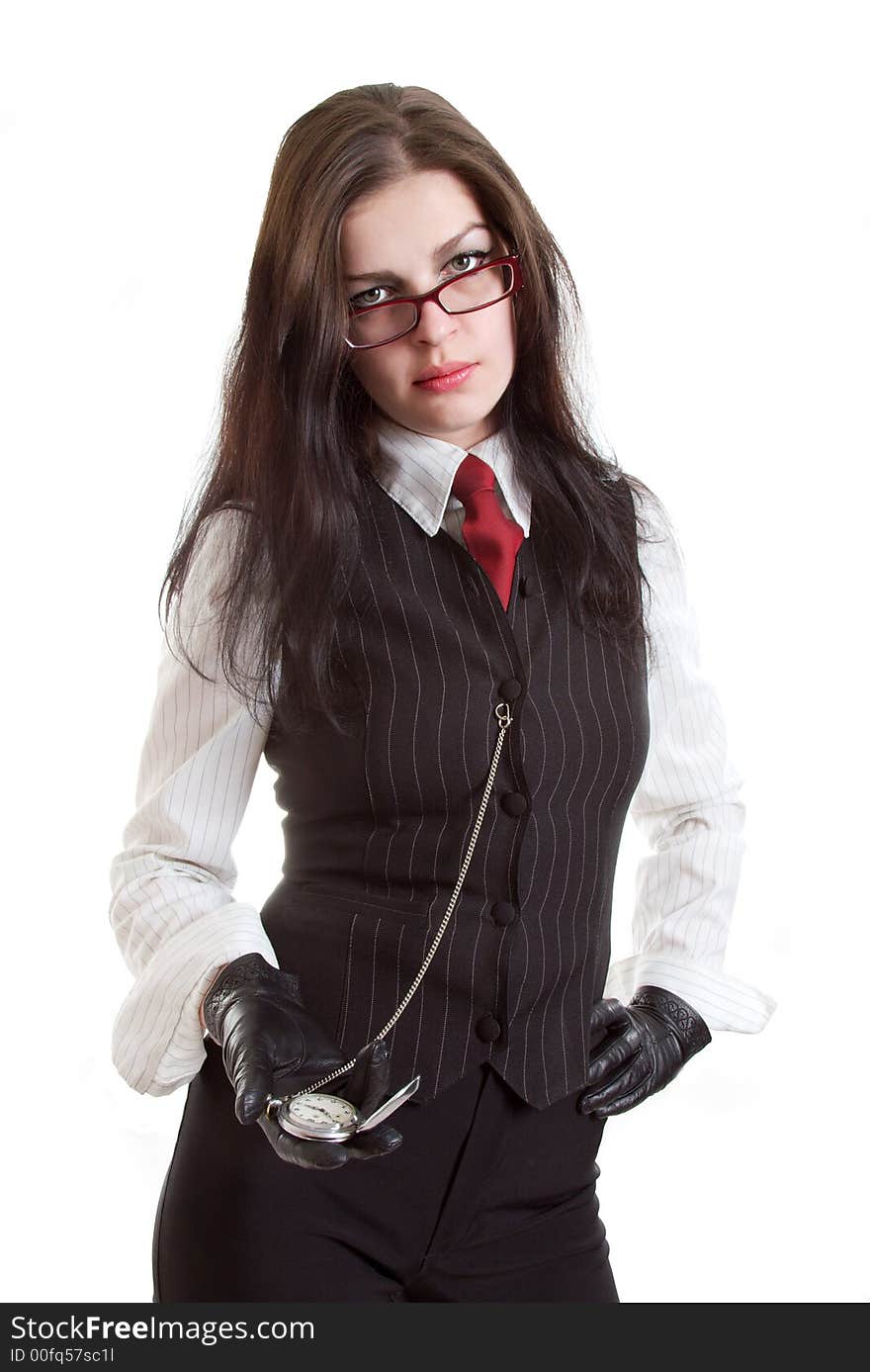 Businesswoman shows watch. Isolated white background. Businesswoman shows watch. Isolated white background