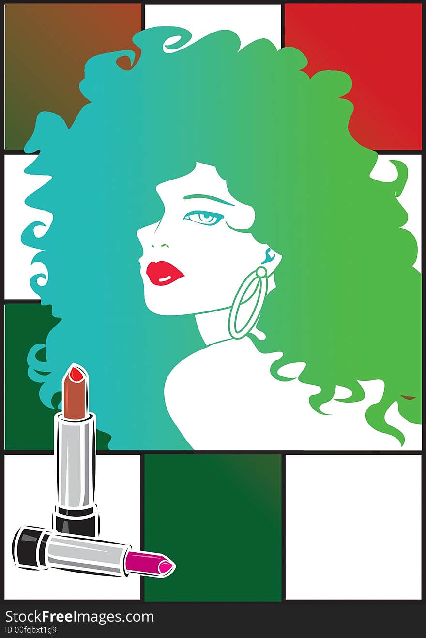 Beautiful green haired woman portrait with lipstick in graphic illustration. Beautiful green haired woman portrait with lipstick in graphic illustration