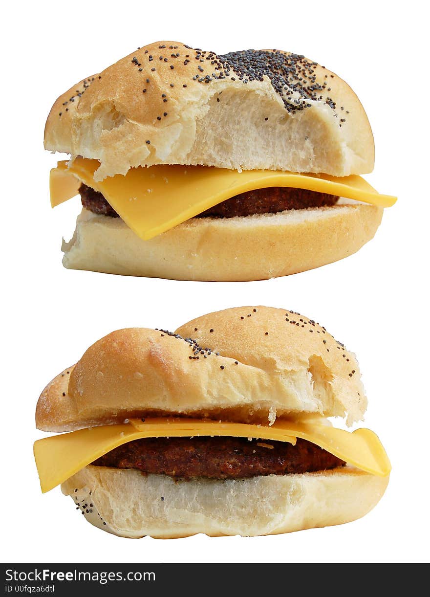 The same cheeseburger shot at two different angles, with tight clipping paths for each. The same cheeseburger shot at two different angles, with tight clipping paths for each.