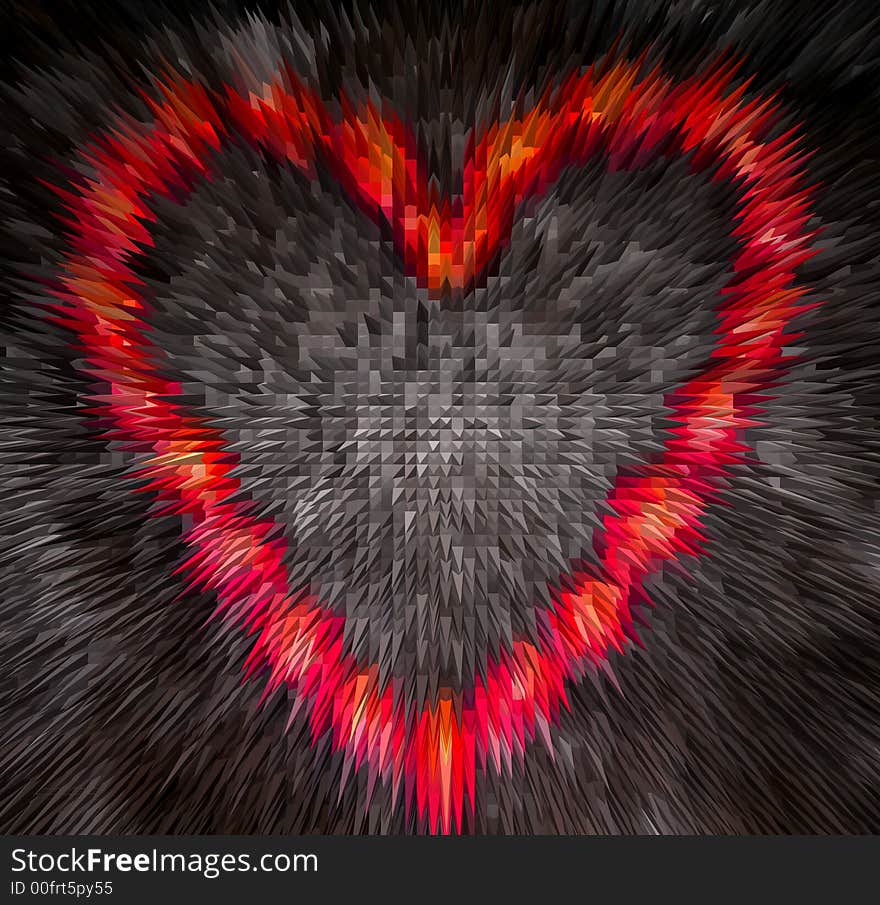 Red heart, generated explosion,black background. Red heart, generated explosion,black background