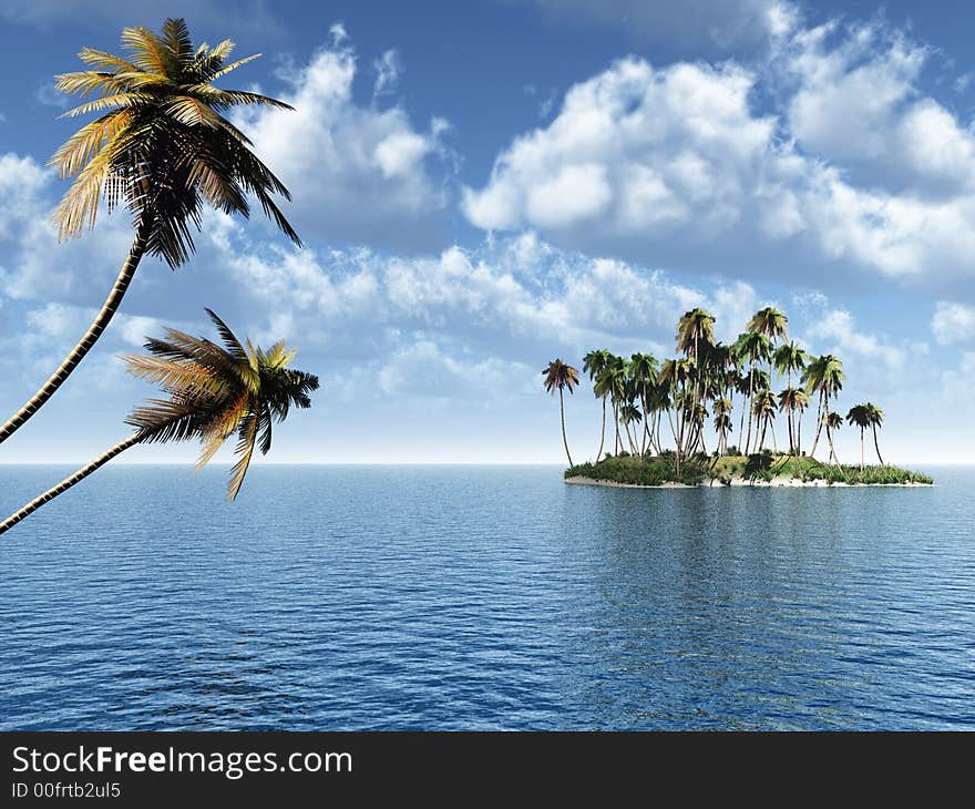 Coconut palm trees on a small island - digital artwork. Coconut palm trees on a small island - digital artwork