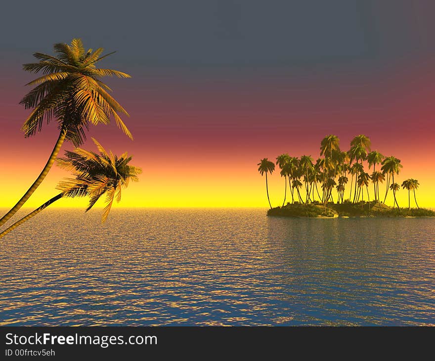 Sunset coconut palm trees on small island - 3d illustration.