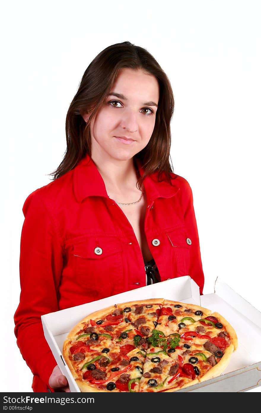 Young cheerful girl with box of pizza. Young cheerful girl with box of pizza.