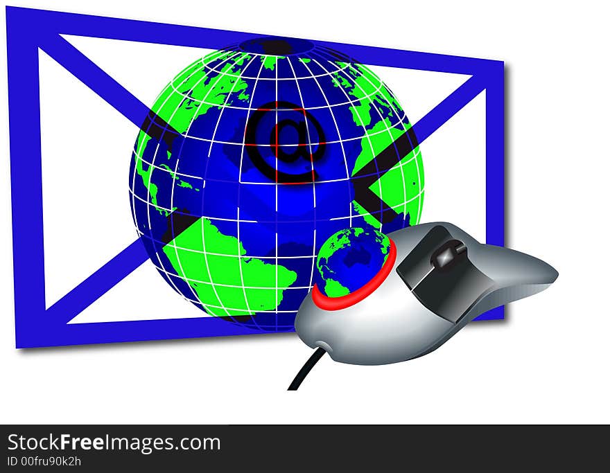 Illustration of the E-Mail Icon. mouse and world. Illustration of the E-Mail Icon. mouse and world