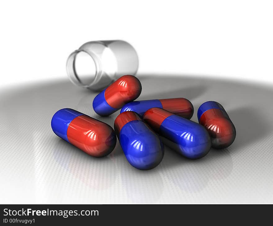 Coloured pills - empty glass container. Coloured pills - empty glass container