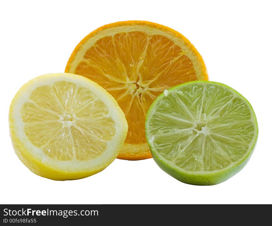 Sliced orange, lemon, and lime isolated on a white background. Sliced orange, lemon, and lime isolated on a white background