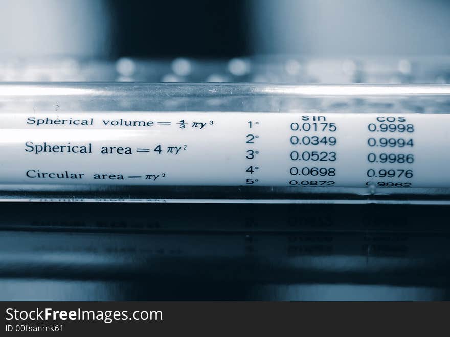 Macro shot of specialized Mathematical Ruler with focus on spherical volume and area.