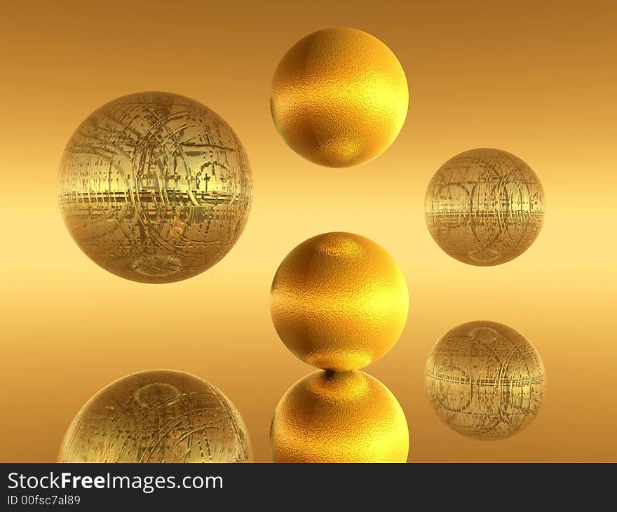 Yellow spheres reflected a smooth surface - 3d scene. Yellow spheres reflected a smooth surface - 3d scene