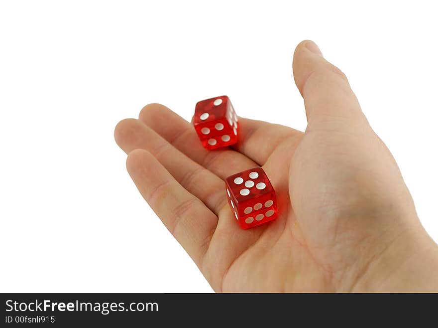 Hand holding two red dice. Hand holding two red dice