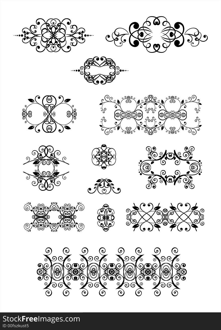 Black symmetric patterns from curls on a white background. Black symmetric patterns from curls on a white background.