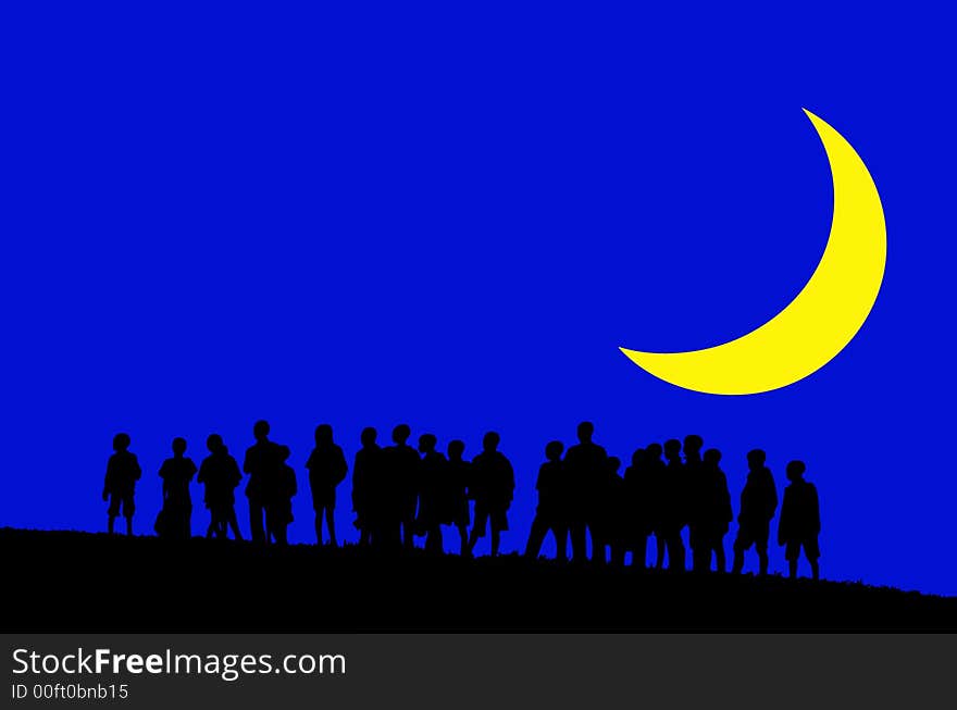 Silhouettes of young children in moonlight (with vector eps format)