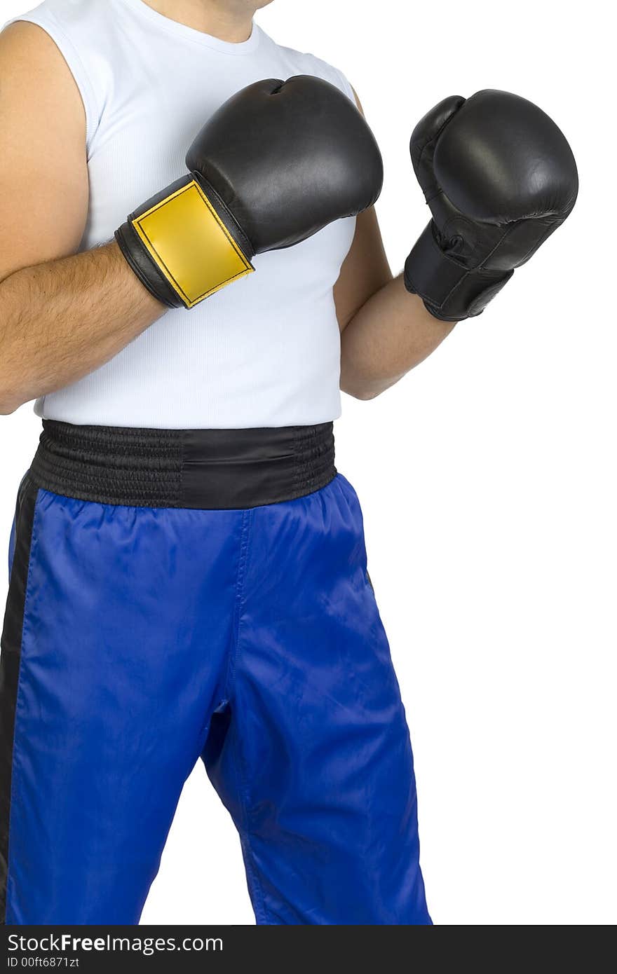 Young man in black boxing gloves. Isolated on white in studio. Young man in black boxing gloves. Isolated on white in studio.