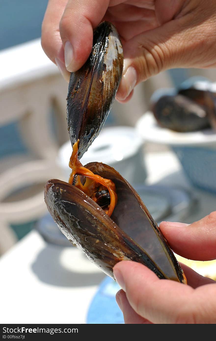 A man eating delicious mussels. A man eating delicious mussels