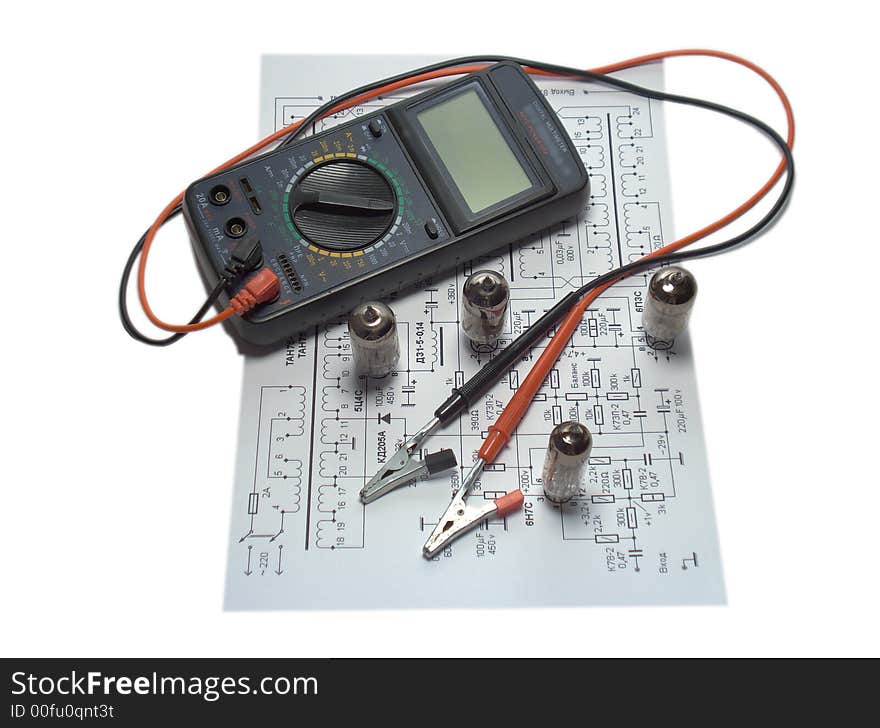 Electronic circuit with vacuum tubes and multimeter. Electronic circuit with vacuum tubes and multimeter