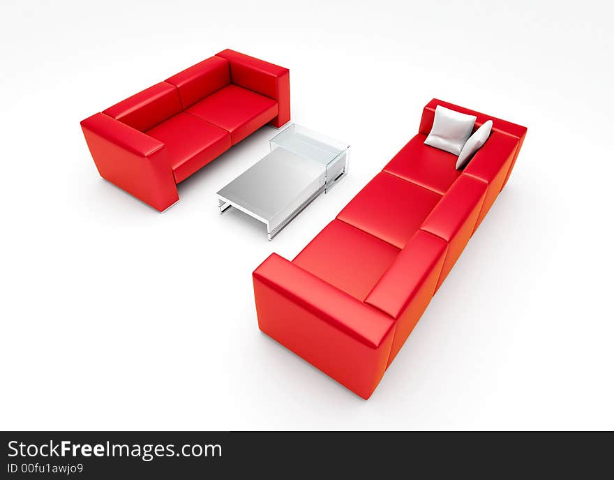 3d render of scene with sofas, pillows and table. 3d render of scene with sofas, pillows and table