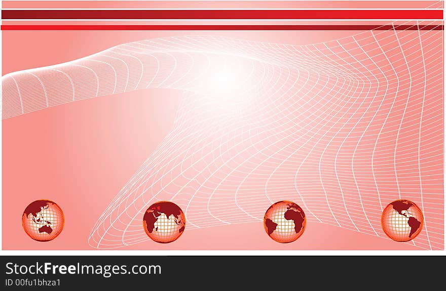 Vector abstract illustration of globes on a red background with mesh waves. This file was made as a design element for global and technological concepts. Vector abstract illustration of globes on a red background with mesh waves. This file was made as a design element for global and technological concepts.