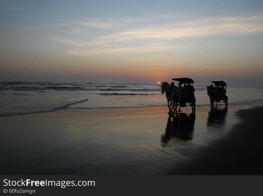 Horses and carts in the beach