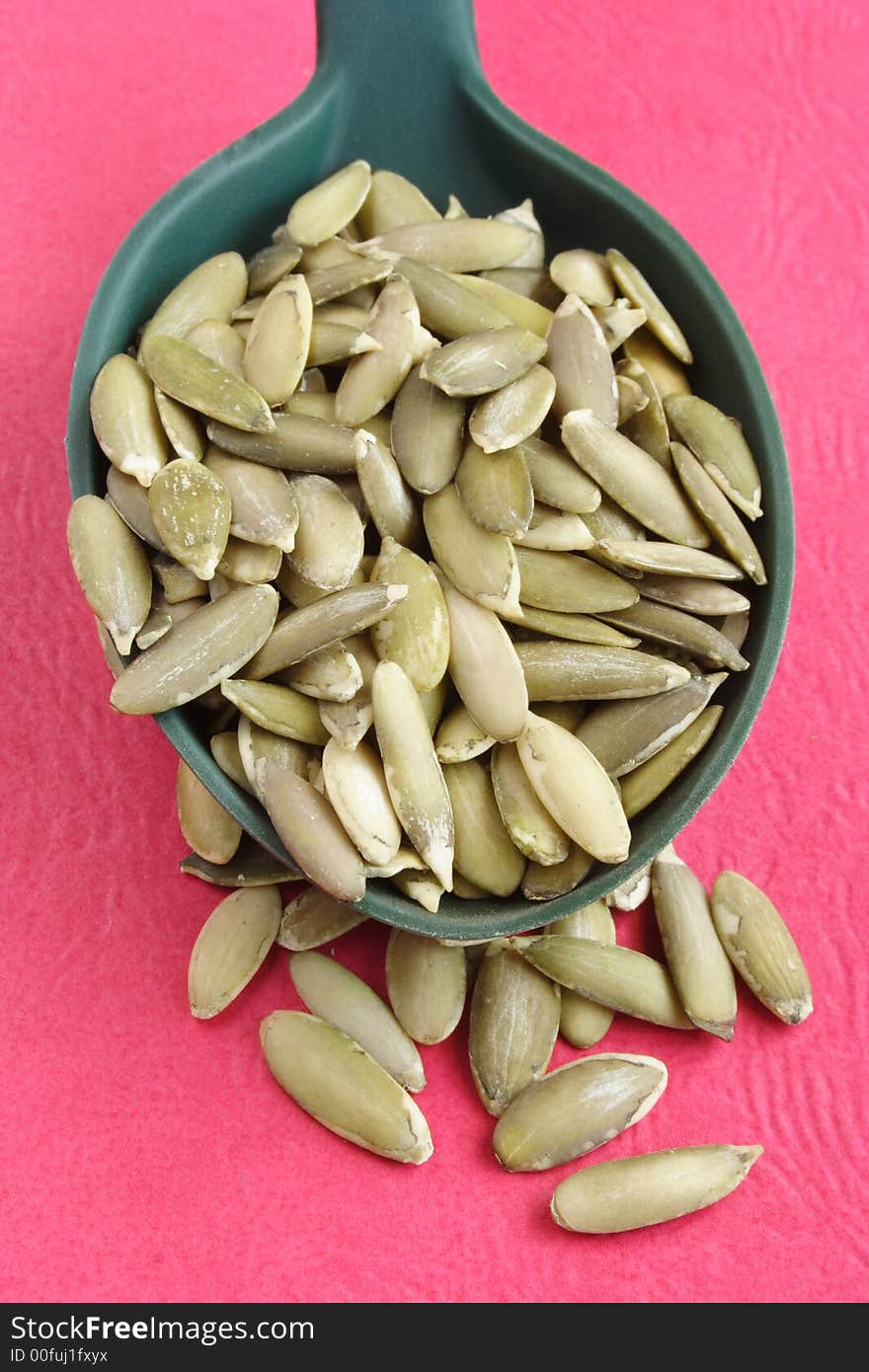 Close up of a spoonful of pumpkin seeds. Close up of a spoonful of pumpkin seeds