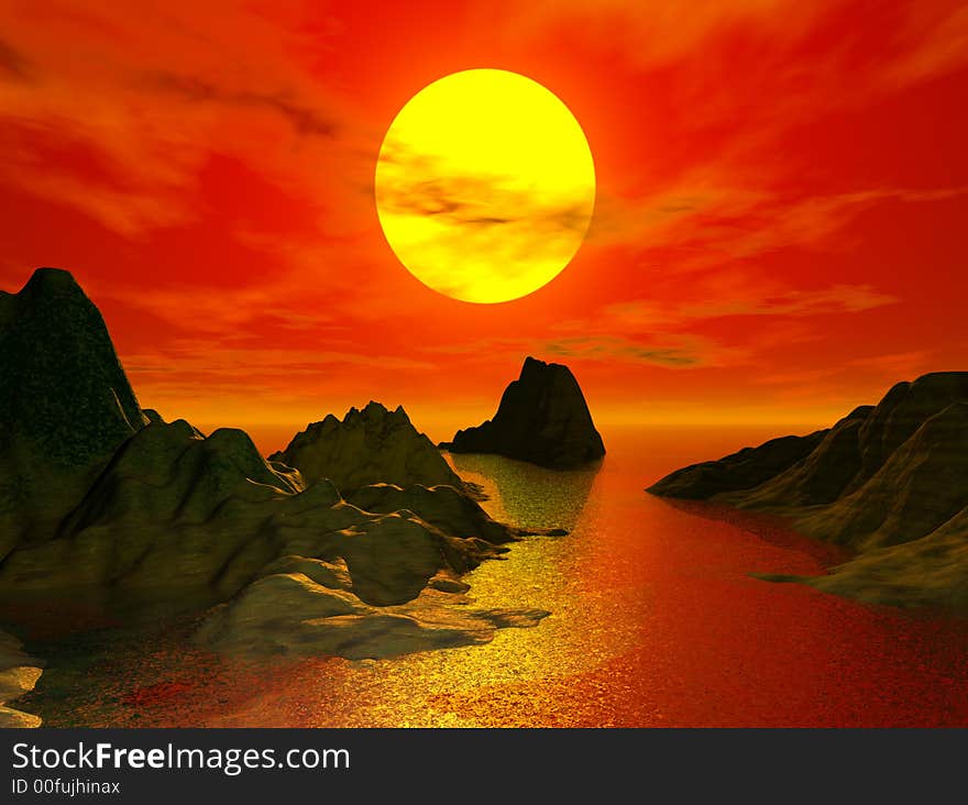 Beautiful sunset and moutain - computer generated image