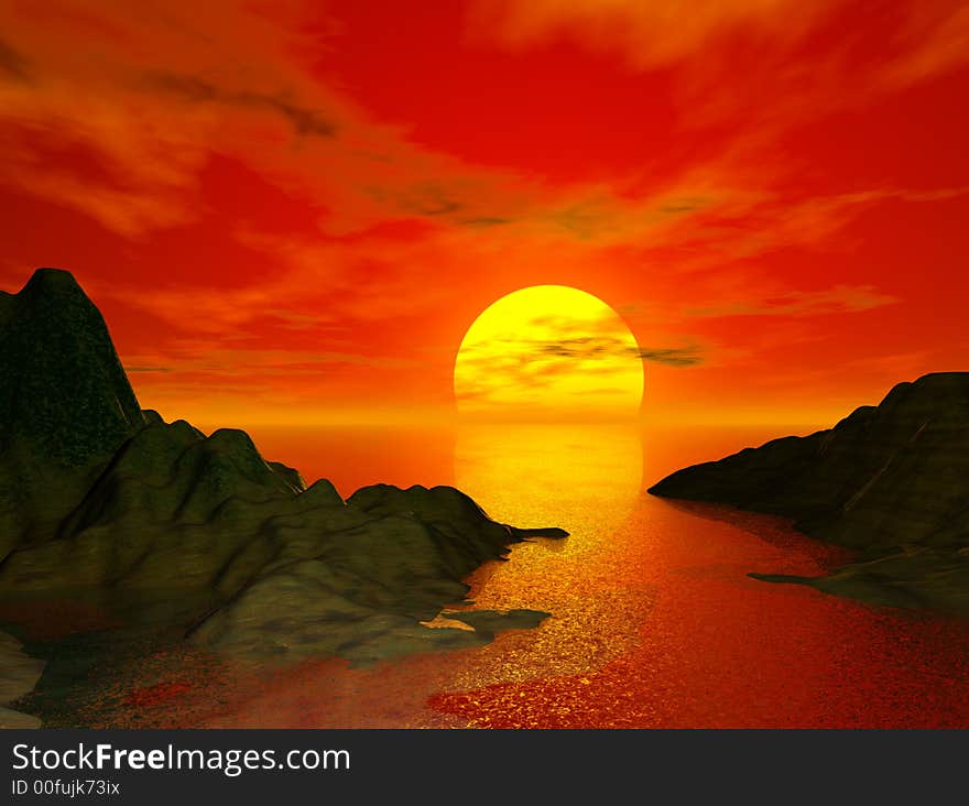 Beautiful sunset and moutain - computer generated image