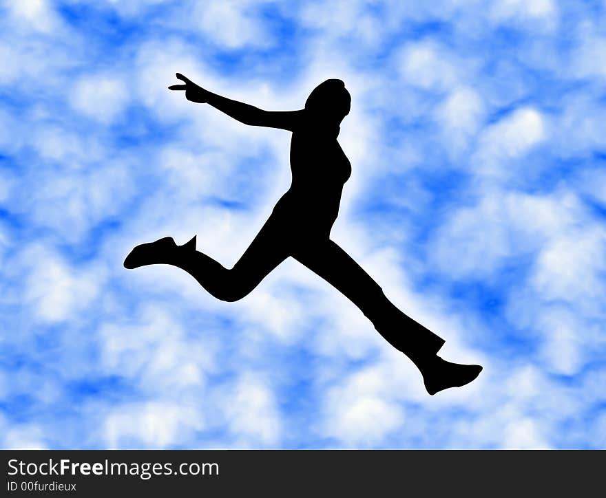 Black woman silhouette jumping  in a cloudy sky. Black woman silhouette jumping  in a cloudy sky