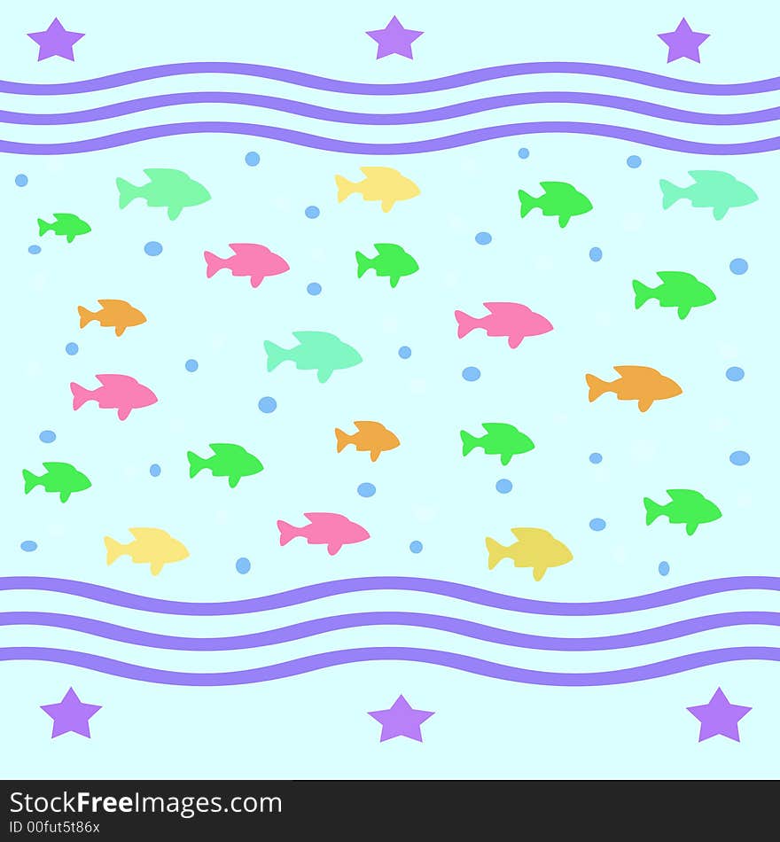 Colorful fish and bubbles scattered on  blue background. Colorful fish and bubbles scattered on  blue background