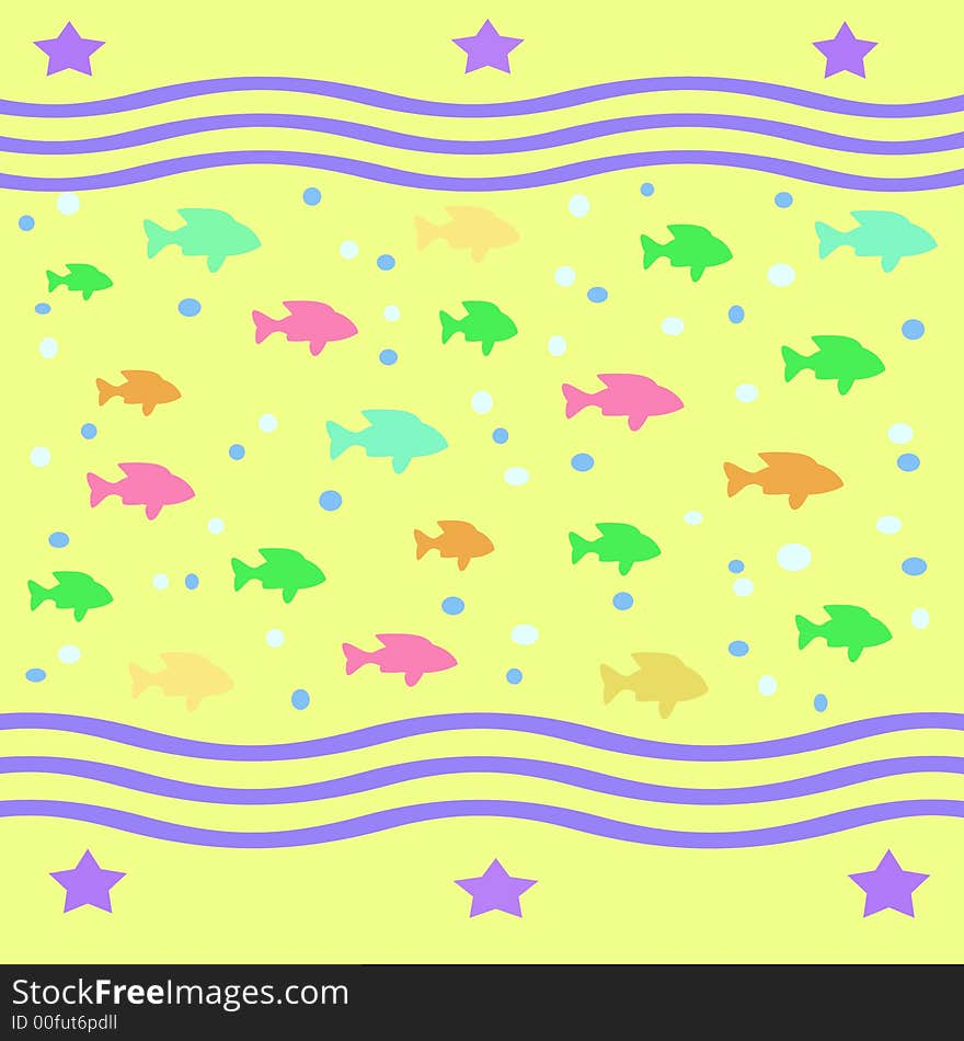 Colorful fish and bubbles scattered on  yellow background. Colorful fish and bubbles scattered on  yellow background