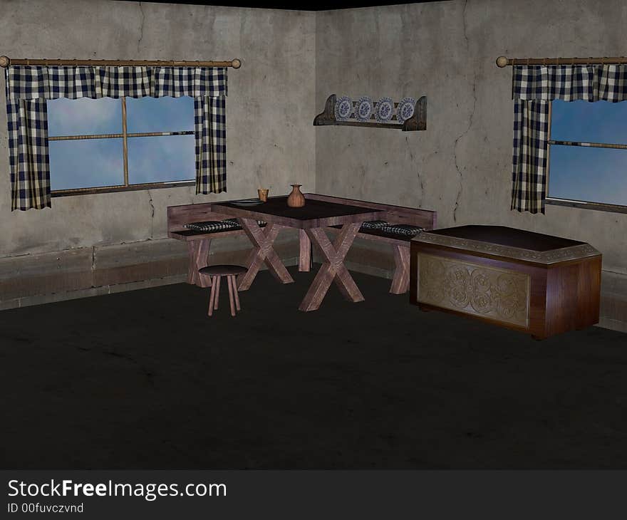 A simple rustic cottage room with curtains at the window and a wood plank table. Computer generated image, 3D models. A simple rustic cottage room with curtains at the window and a wood plank table. Computer generated image, 3D models.