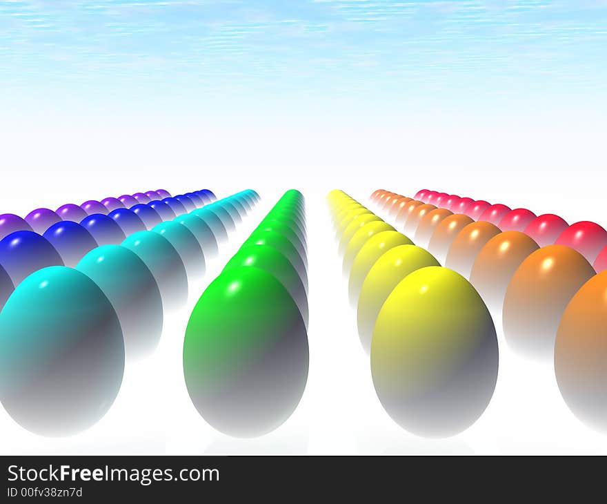 A collection of colorful Easter eggs. 3D rendering.