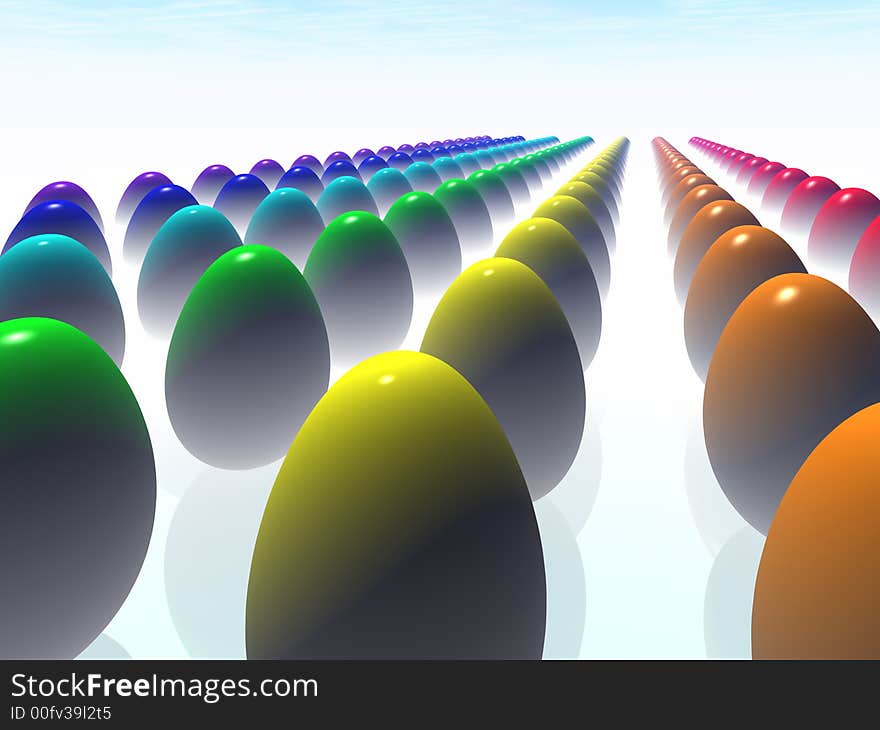 A collection of colorful Easter eggs. 3D rendering.