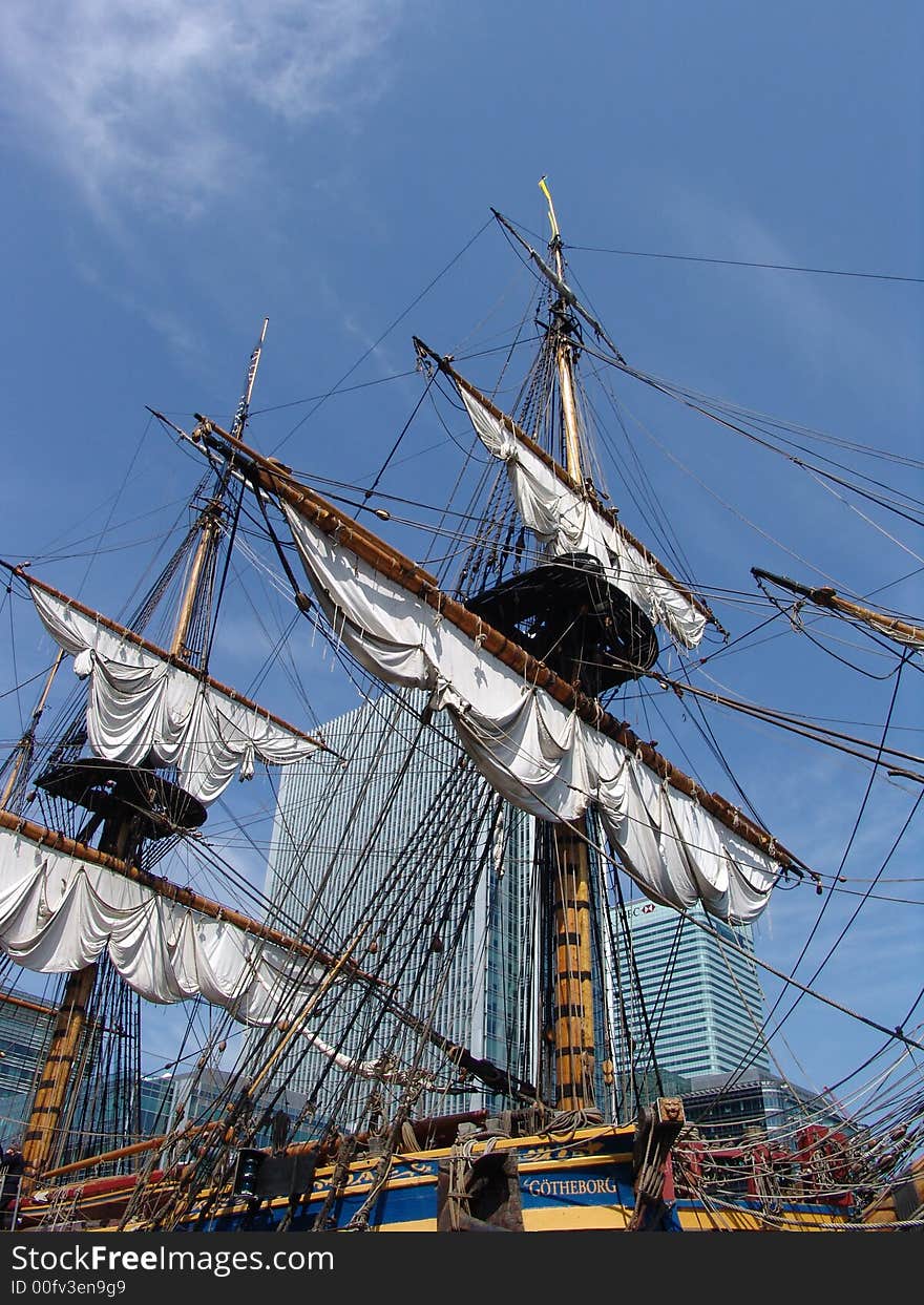 Swedish Tallship doocked in London's Canary Wharf business district. Swedish Tallship doocked in London's Canary Wharf business district