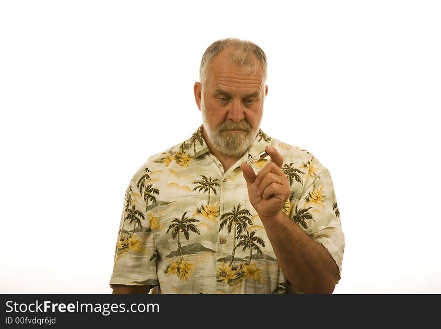 Man pondering what's wrong with this light bulb. Man pondering what's wrong with this light bulb.