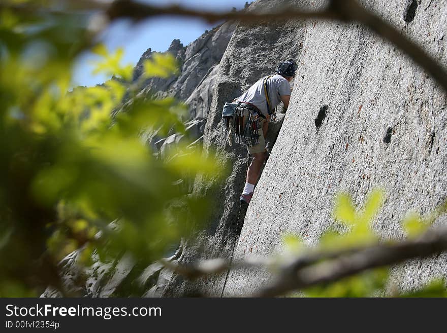 Rock climber through the trees